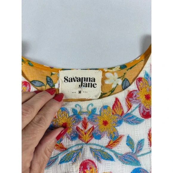 Savanna Jane Cottagecore Yellow Floral Embroidered Boho Pom Pom Trim Blouse M - Picture 8 of 13